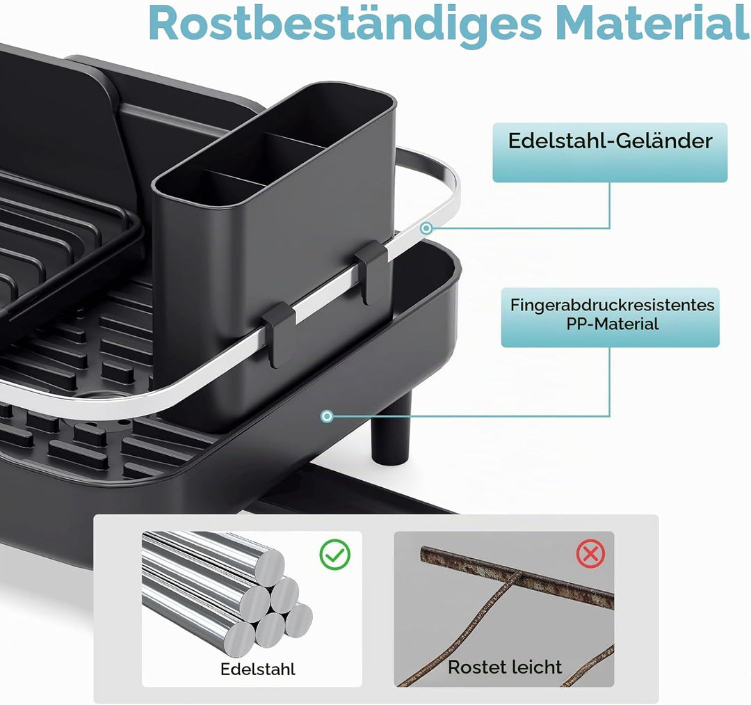 Urackify Ausziehbares Abtropfgestell, Schwarz | 32-52CM, Edelstahl, Grosszügiger Geschirrabtropfgest