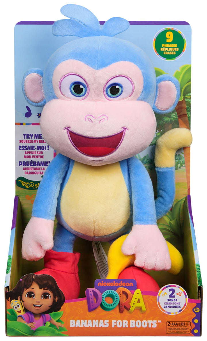 DORA Bananenfreund Boots - ca. 30 cm grosse, interaktive Plüschfigur zur beliebten TV-Serie mit 2 Li