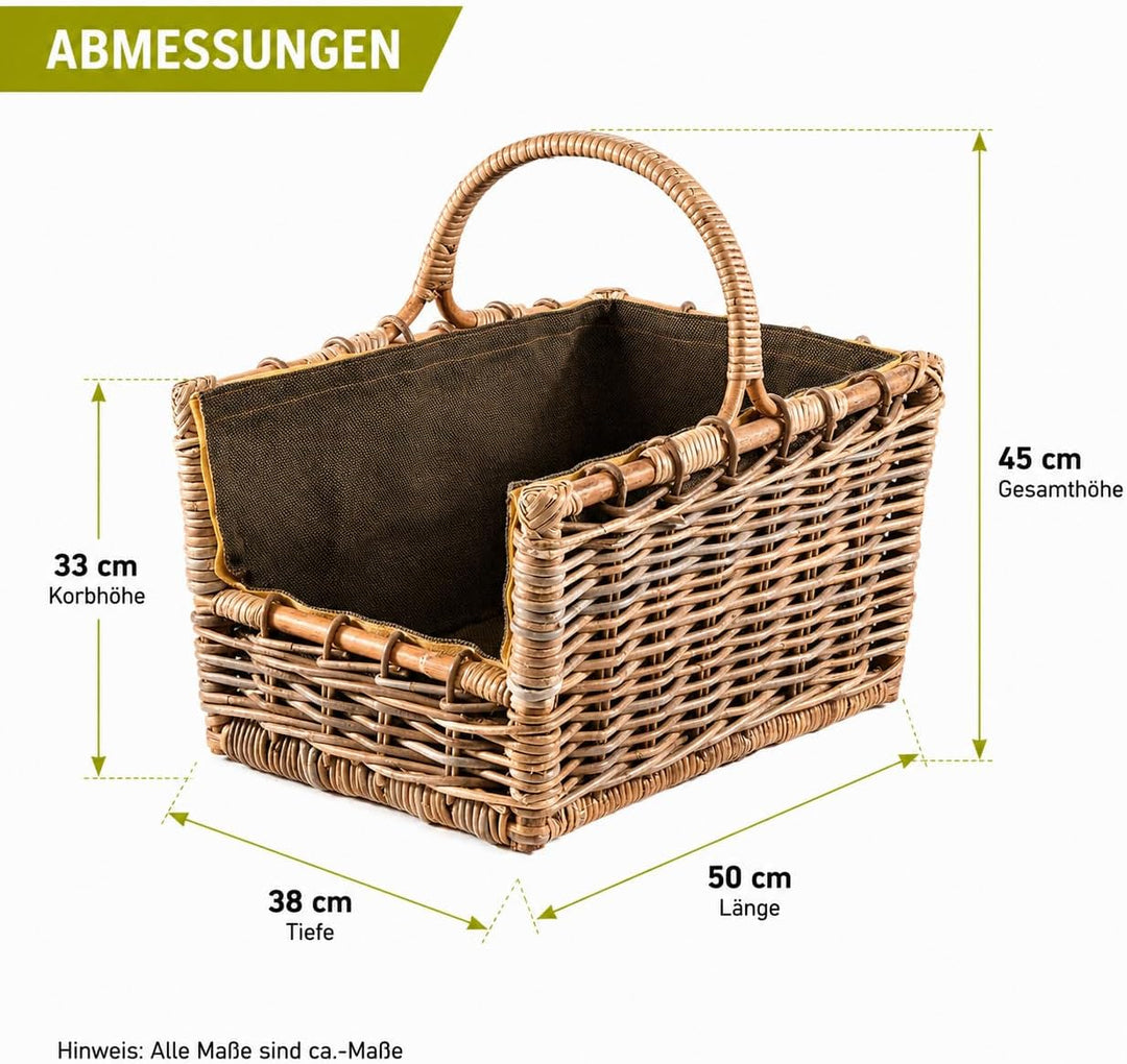 Kobolo Kaminholzkorb Holztrage für Kaminholz -Rattan grau abnehmbarer Textileinsatz in