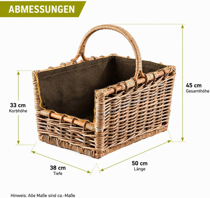 Kobolo Kaminholzkorb Holztrage für Kaminholz -Rattan grau abnehmbarer Textileinsatz in