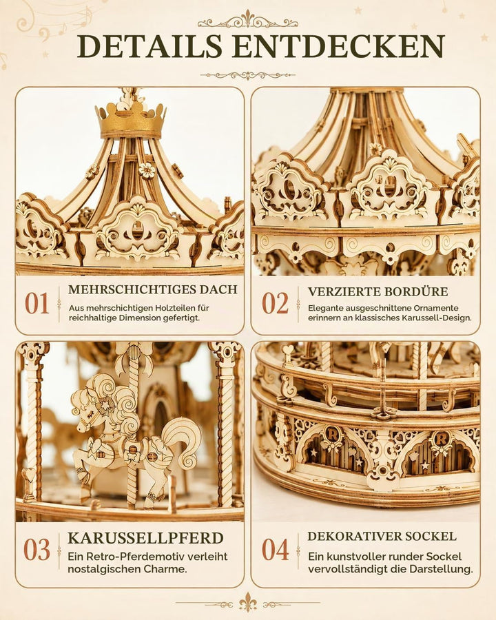 ROKR Hölzerne Mechanische 3D Puzzle für Erwachsene Kinder Modellbausatz Karussell