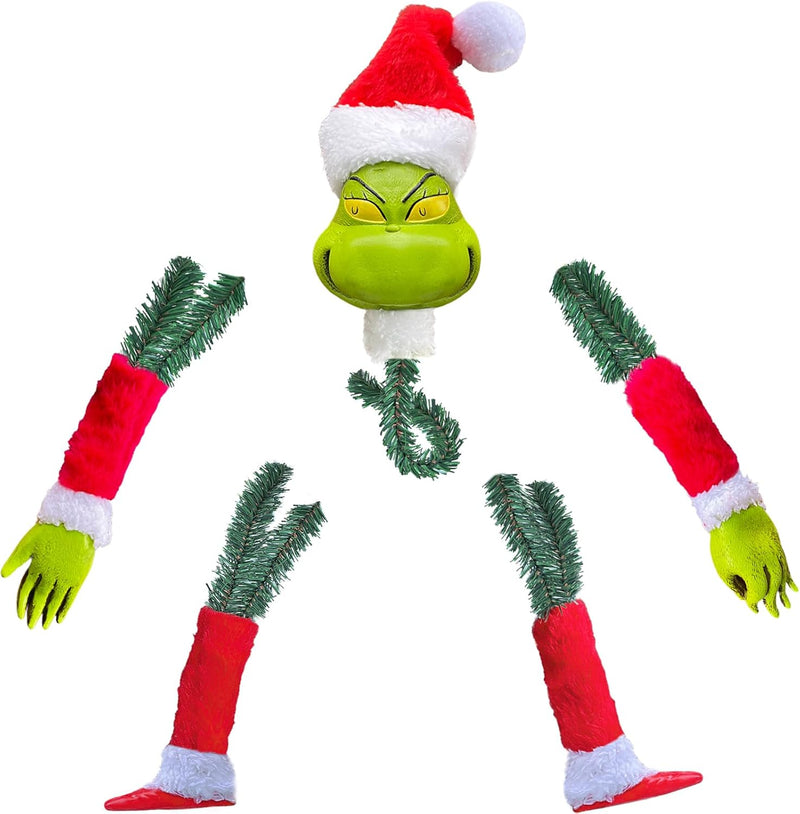 Grinch Weihnachtsbaumschmuck für Weihnachtsbäume unter 1.5m, Abnehmbarer Elfenkopf, Arme und Beine m