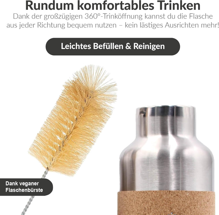 Edelstahl Trinkflasche 750ml + Flaschenbürste - Nachhaltige, isolierte Thermo Wasserflasche Edelstah
