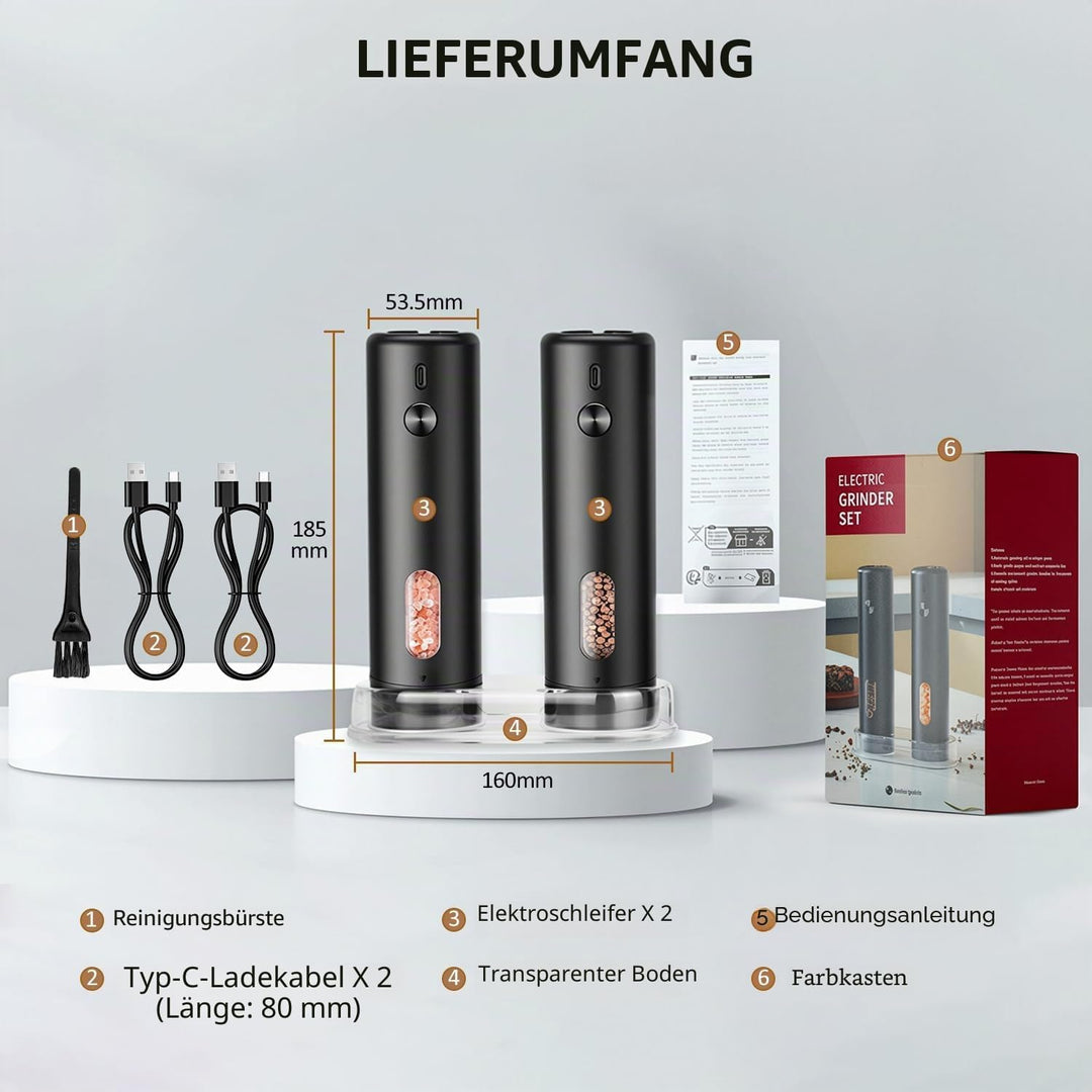 Elektrische Salz und Pfeffermühle 2er Set, Externe Abstimmung der Mahldicke, Keramikmahlwerk, Wieder