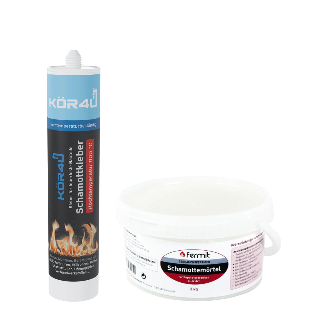 kör4u Schamottkleber beige + Fermit Schamottemörtel 3kg, Kleber für feuerfeste Bauteile, perfekt zur