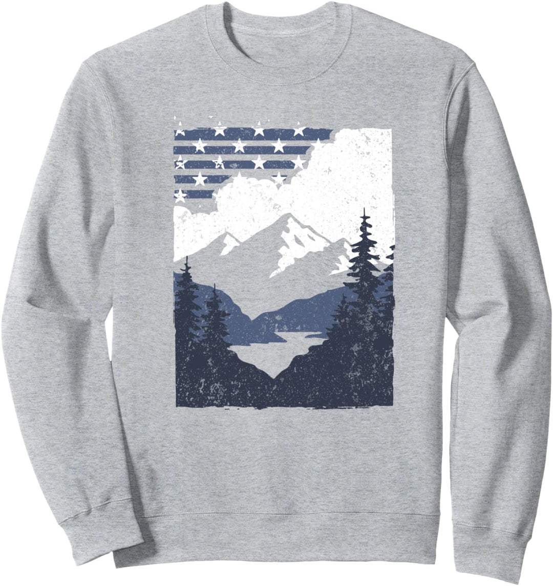 Trendy American Flag Mountain Forest Silhouette Scene Sweatshirt