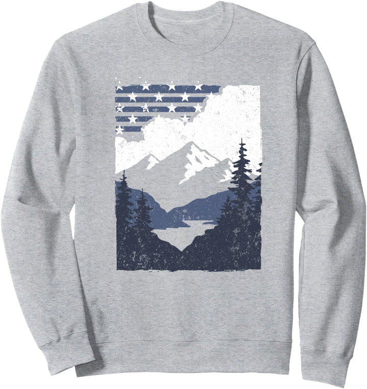Trendy American Flag Mountain Forest Silhouette Scene Sweatshirt