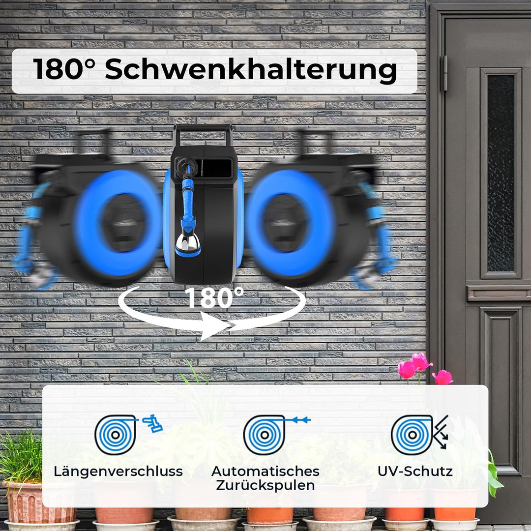 Himimi Schlauchtrommel 30m + 2m Wand-Schlauchbox, 180° Schwenkbar Gartenschlauch Aufroller, Wasser S