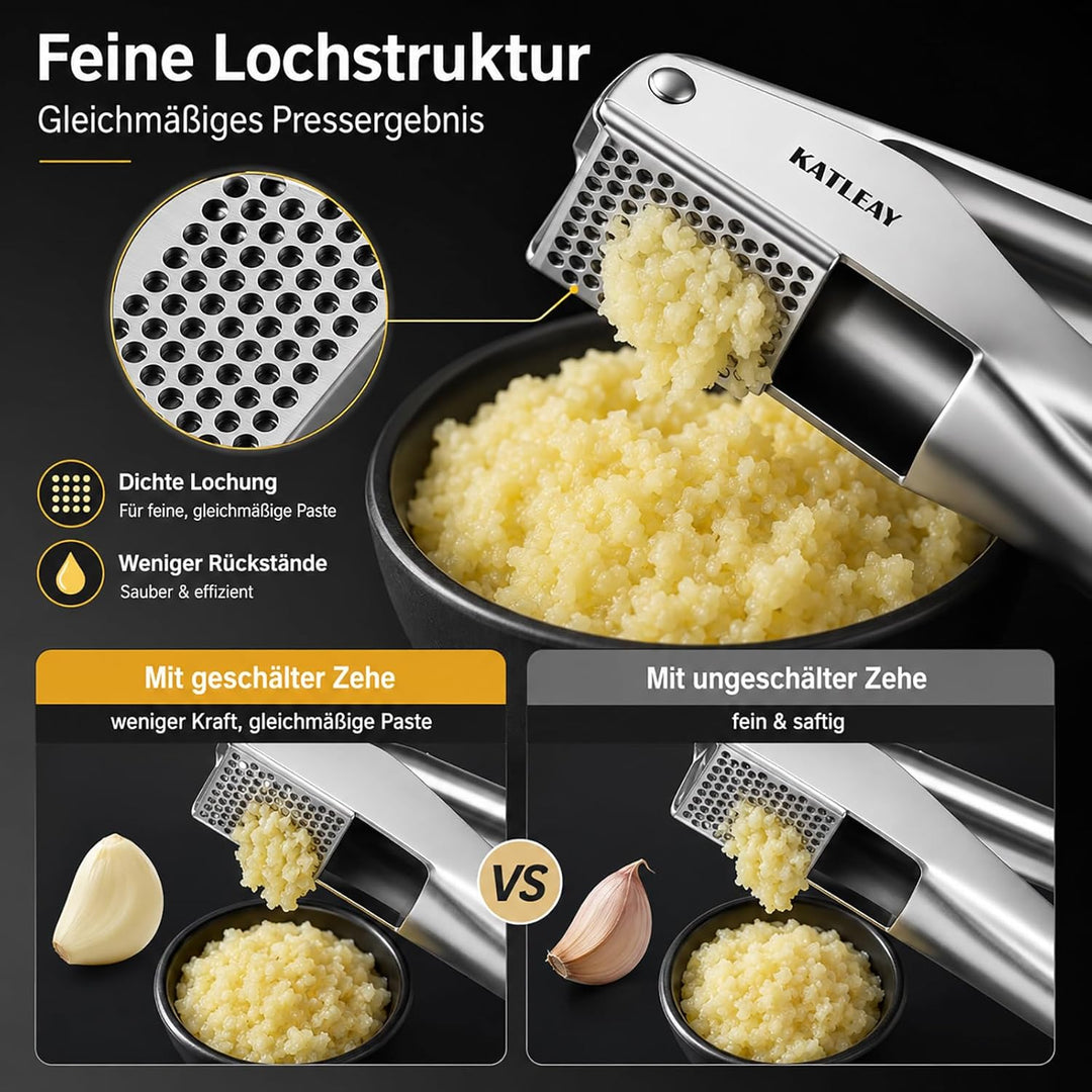 Profi Knoblauchpresse Edelstahl, Garlic Press Spülmaschinenfest - mit Schäler und Bürste, Leicht zu