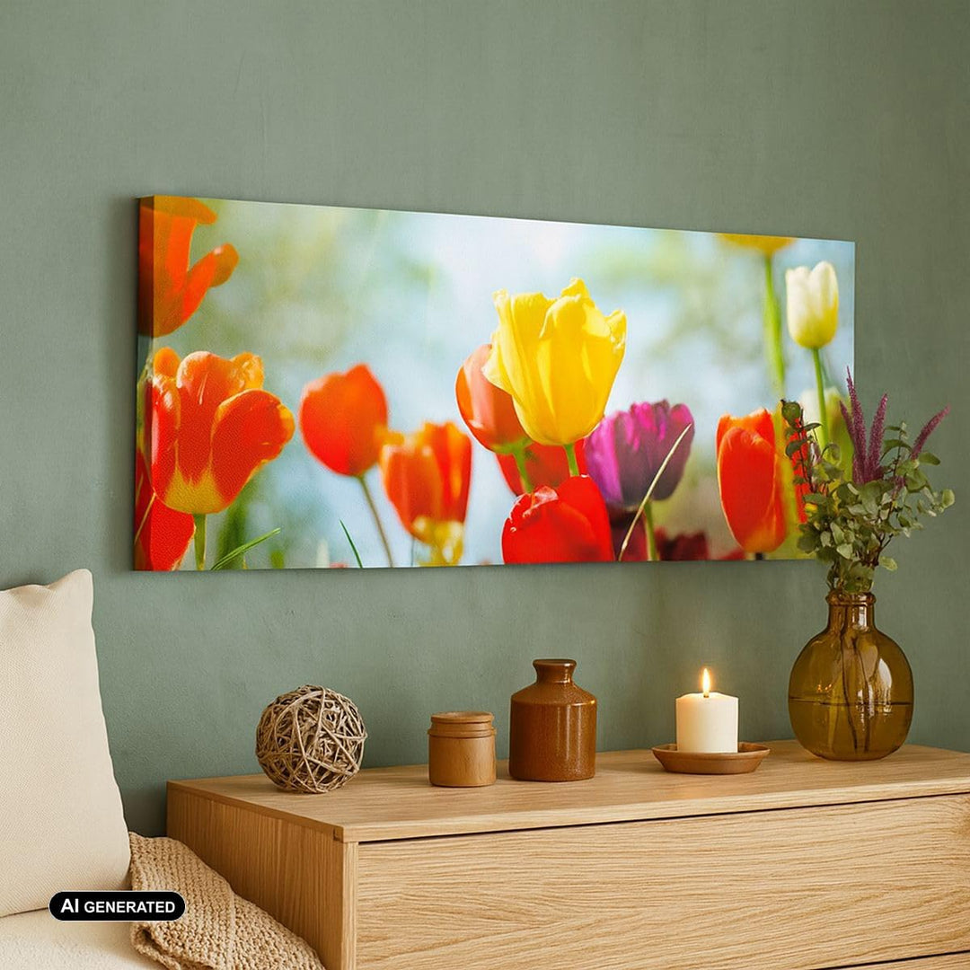 Wandbilder Dekoration Wohnzimmer Tulpe Blume Plantage Wiese Panorama Bilder auf Leinwand 120x50cm Le