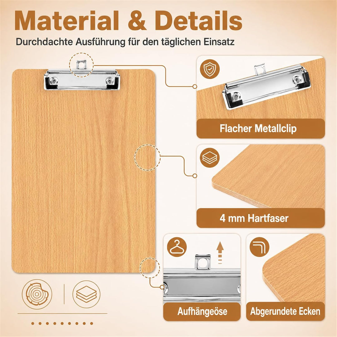 CYEER 10 Stück Klemmbrett A4 Holz Extra Dick 4MM, Klemmbretter A4, Schreibbrett Klemmbrett A4, Clipb