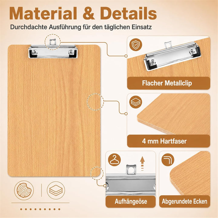 CYEER 10 Stück Klemmbrett A4 Holz Extra Dick 4MM, Klemmbretter A4, Schreibbrett Klemmbrett A4, Clipb