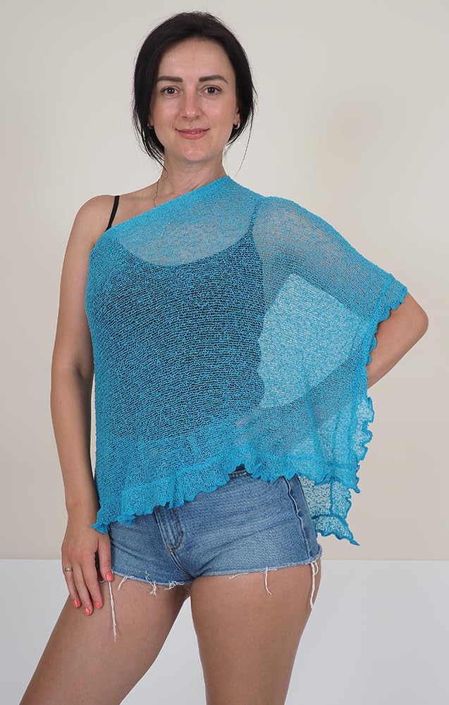 Mimosa Damen Schlichtes Stretch-Fischnetz häkeln Fledermaus kleiner Poncho Einheitsgrösse Türkis, Ei