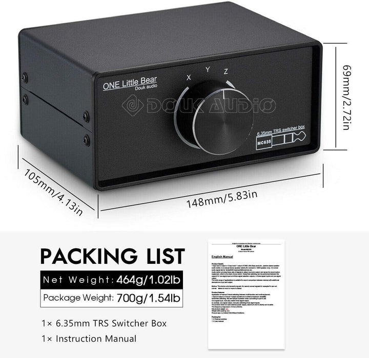 Douk Audio Mini 3-Way Tragbar Mono/Stereo 6.35mm TRS Audio-Umschalter Switcher Box Kopfhörer Splitte