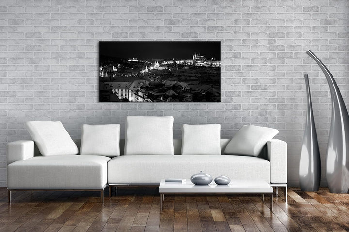 Prag bei Nacht Panorama 100x50 cm Effekt: Schwarz/Weiss als Leinwandbild, Motiv fertig gerahmt auf E