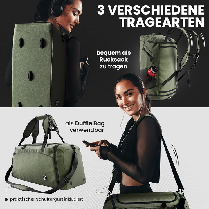 Sporttasche Trainingstasche + Rucksack-Funktion, Schuhfach, Nassfach | Reisetasche Schwimmtasche Fit