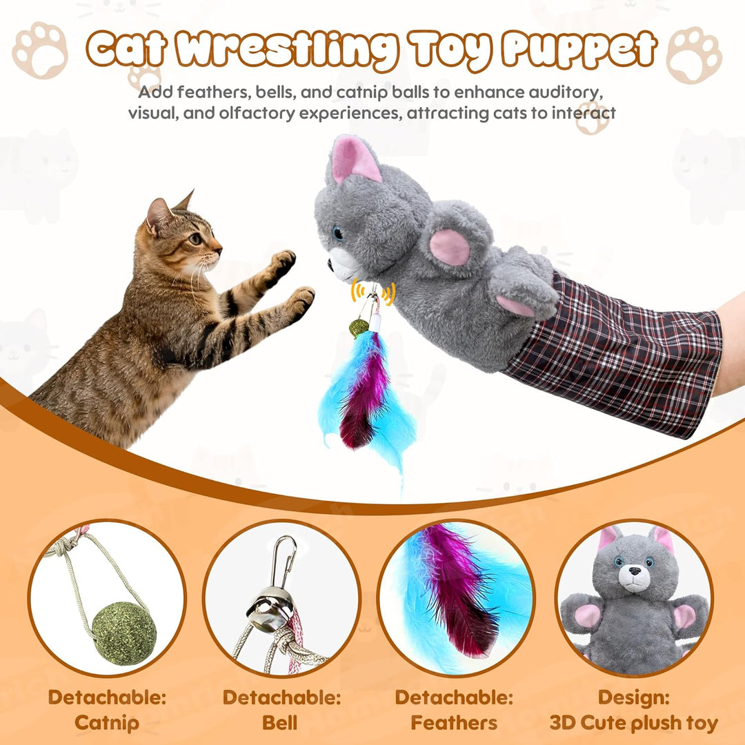 Katzen Wrestling Handschuh, Interaktives Katzenspielzeug Handpuppe mit Plüsch & Katzenminze, dicker