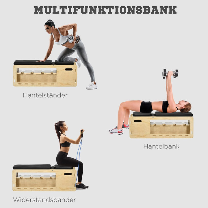 HOMCOM Hantelbank, 2er-Set Liegestützgriffe Trainingsbank mit Aufbewahrungsbox und Widerstandsbänder