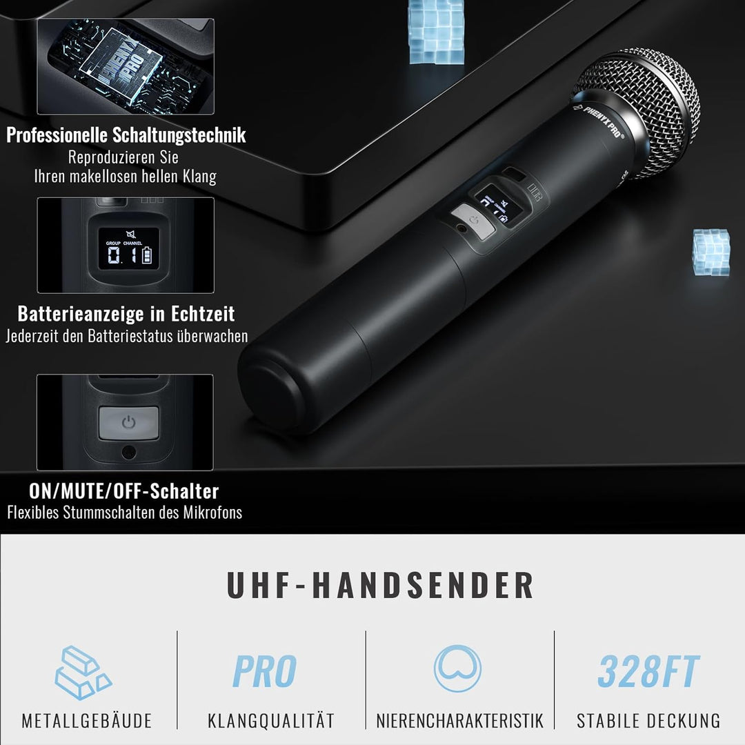 Phenyx Pro 8-Kanal Wireless Mikrofon System mit 8 Handheld Mikrofonen, Funkmikrofon Set mit automati