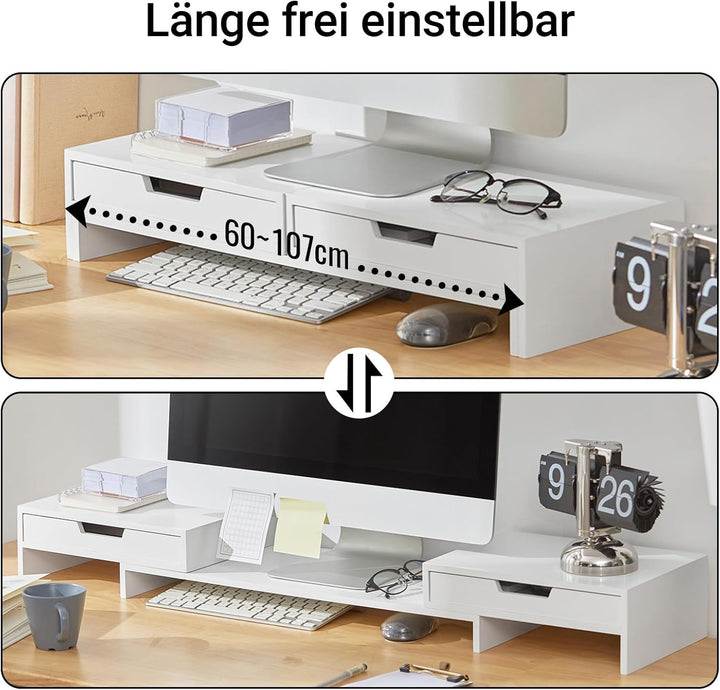SoBuy Breitenverstellbarer Monitorständer mit 2 Schubladen, Schreibtisch Organizer, Bildschirmstände