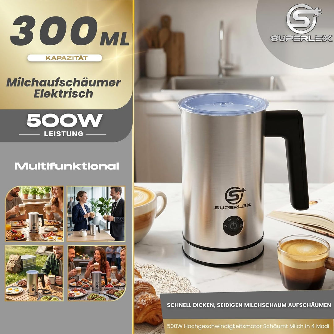 Milchaufschäumer Elektrisch 4-in-1 Edelstahl Milchwärmer 300ml | Doppelwand-Design, Heisser und kalt