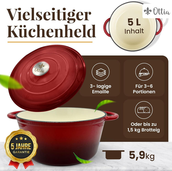 Ottia Gusseisen Topf brot backen [inkl. Gärkorb] - Emaille Topf 26cm - Dutch Oven, Brotbackform, Bro