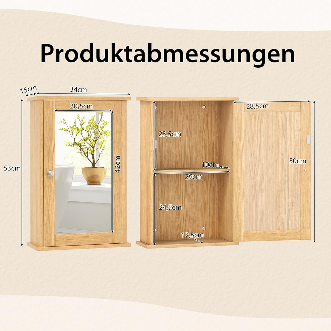 COSTWAY Bad Spiegelschrank, Hängeschrank mit Spiegeltür & Verstellbarer Ablage, Wandschrank Holz, Ba