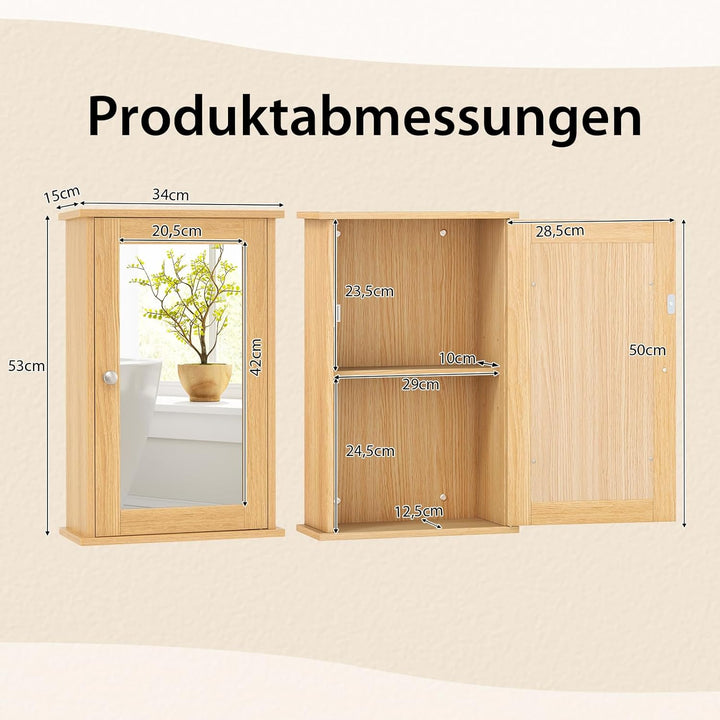 COSTWAY Bad Spiegelschrank, Hängeschrank mit Spiegeltür & Verstellbarer Ablage, Wandschrank Holz, Ba