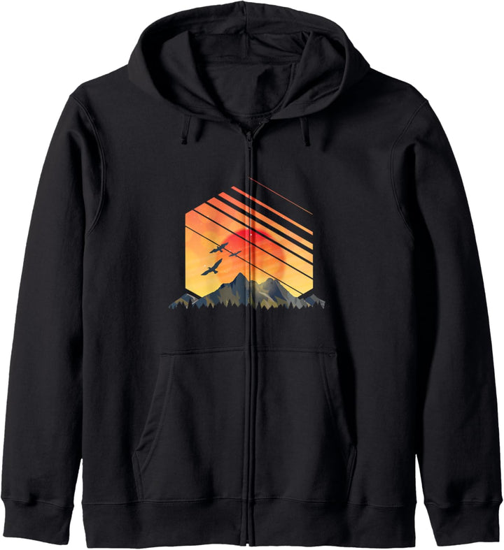 Berg Sonnen Design mit Bergen, Wald und Vögel für Wanderer Kapuzenjacke