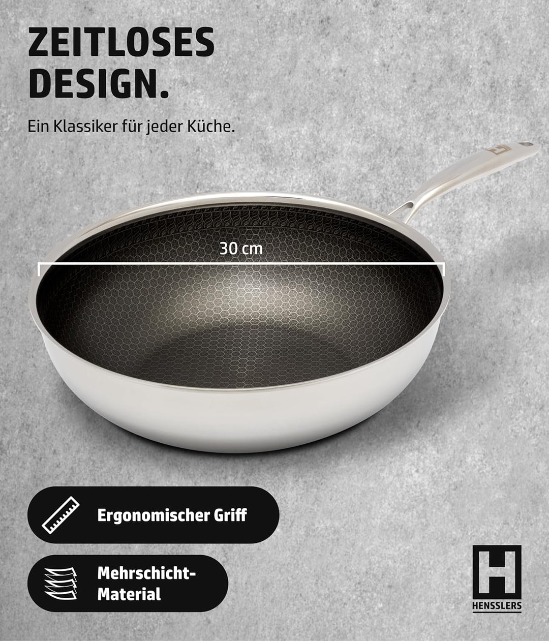 HENSSLERS® Wokpfanne 30cm [EDELSTAHL &amp; ALUMINIUM] - Hochwertige Wok Pfanne geeignet für alle Herdart