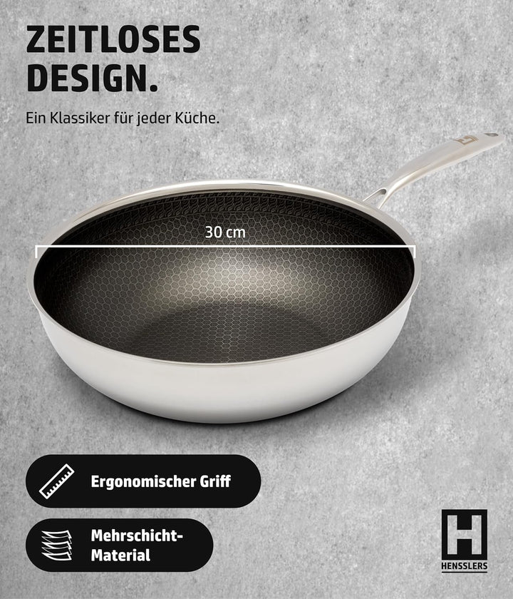 HENSSLERS® Wokpfanne 30cm [EDELSTAHL &amp; ALUMINIUM] - Hochwertige Wok Pfanne geeignet für alle Herdart