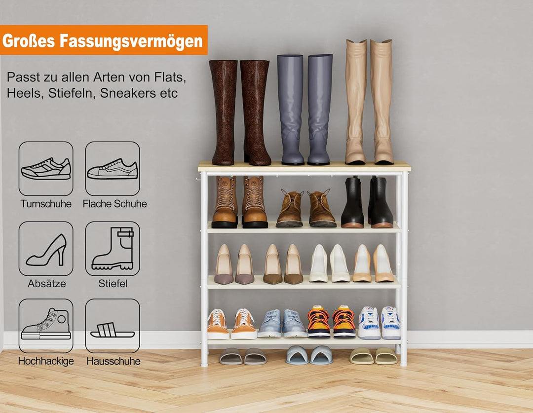 HOMIDEC Schuhregal,4-Ebenen Schuhablage mit Holzbrett als oberstes Regal,Schuhaufbewahrung für 12-16