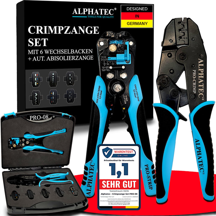ALPHATEC® Crimpzange Set mit Wechselbacken inkl. automatische Abisolierzange - [0,25-10mm²] - Crimpz