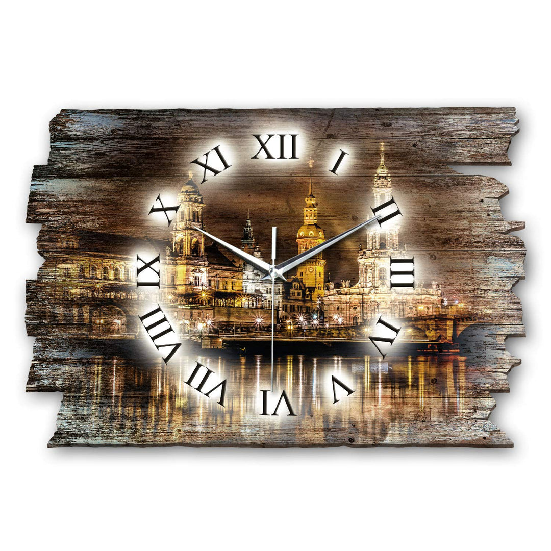 Kreative Feder Dresden bei Nacht Landhaus Shabby Designer Wanduhr Quarzuhr aus Holz *Made in Germany