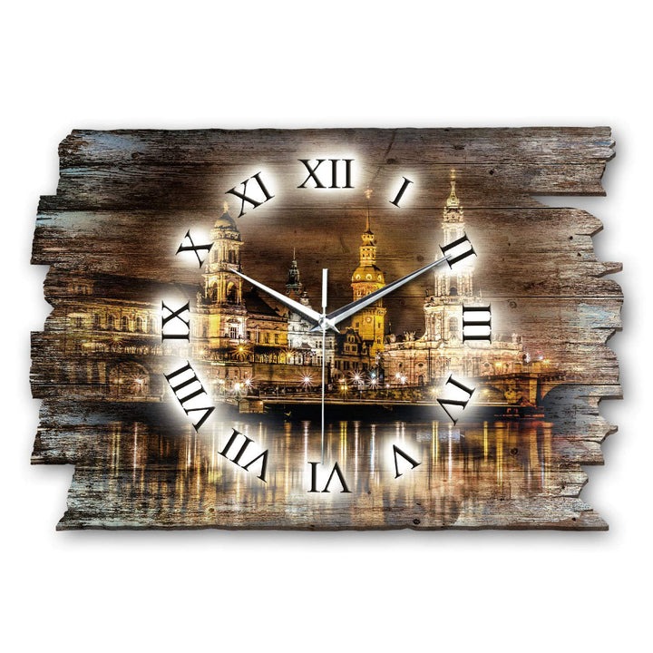 Kreative Feder Dresden bei Nacht Landhaus Shabby Designer Wanduhr Quarzuhr aus Holz *Made in Germany