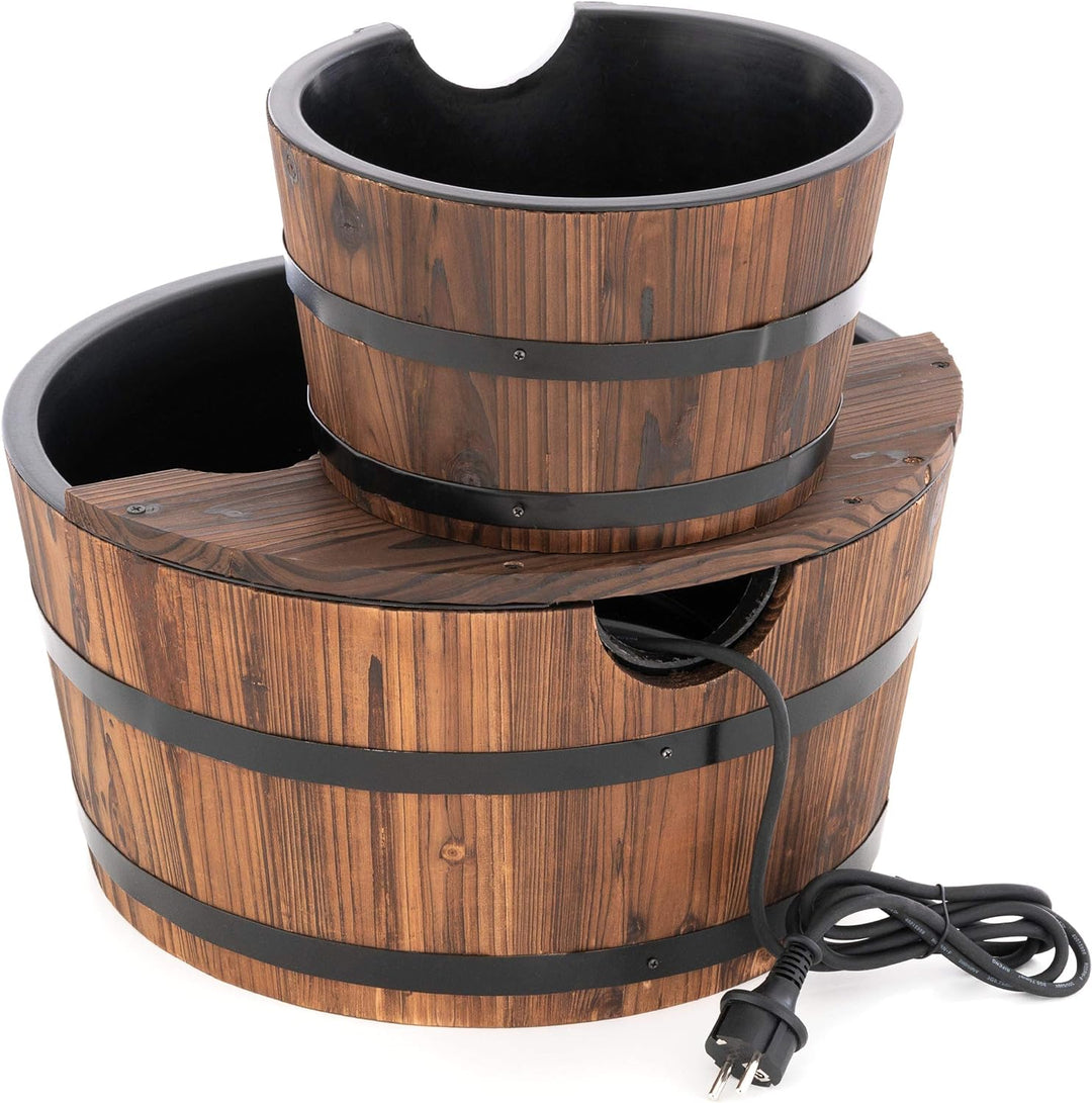Nexos Gartenbrunnen Springbrunnen Holzbrunnen Holz Garten Brunnen Fass m. Pumpe Ø 44cm
