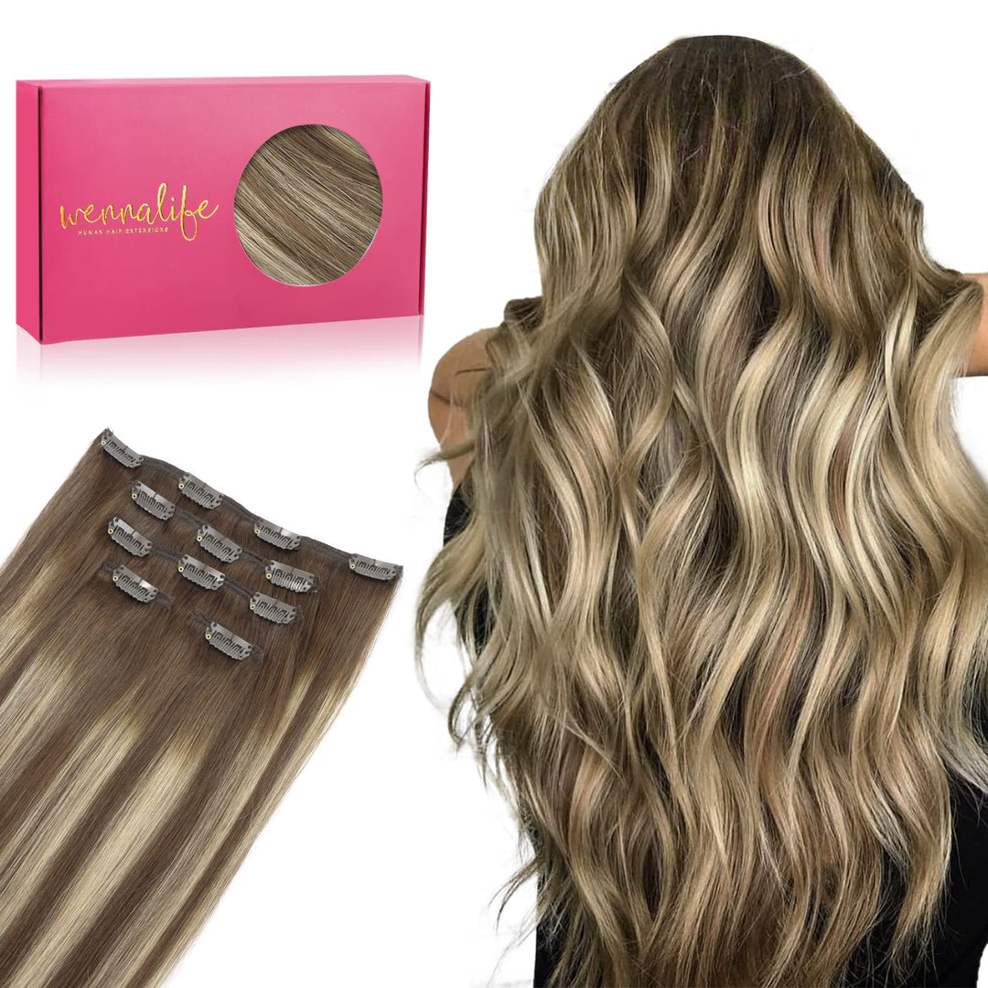 WENNALIFE Clip in Extensions Echthaar, 75g 5pcs 40cm Balayage Schokoladenbraun bis Honigblond Extens