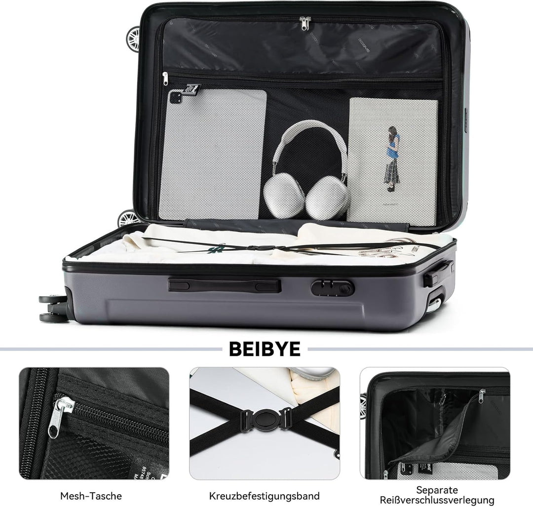 BEIBYE Hartschalen-Koffer Trolley Rollkoffer Reisekoffer Handgepäck 4 Rollen (M-L-XL-Set) (Dark Grey