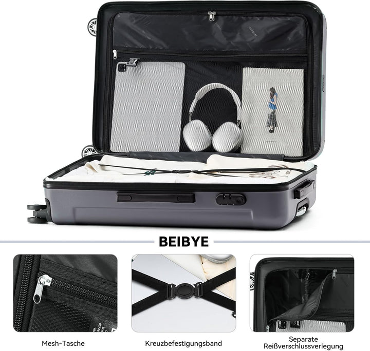 BEIBYE Hartschalen-Koffer Trolley Rollkoffer Reisekoffer Handgepäck 4 Rollen (M-L-XL-Set) (Dark Grey