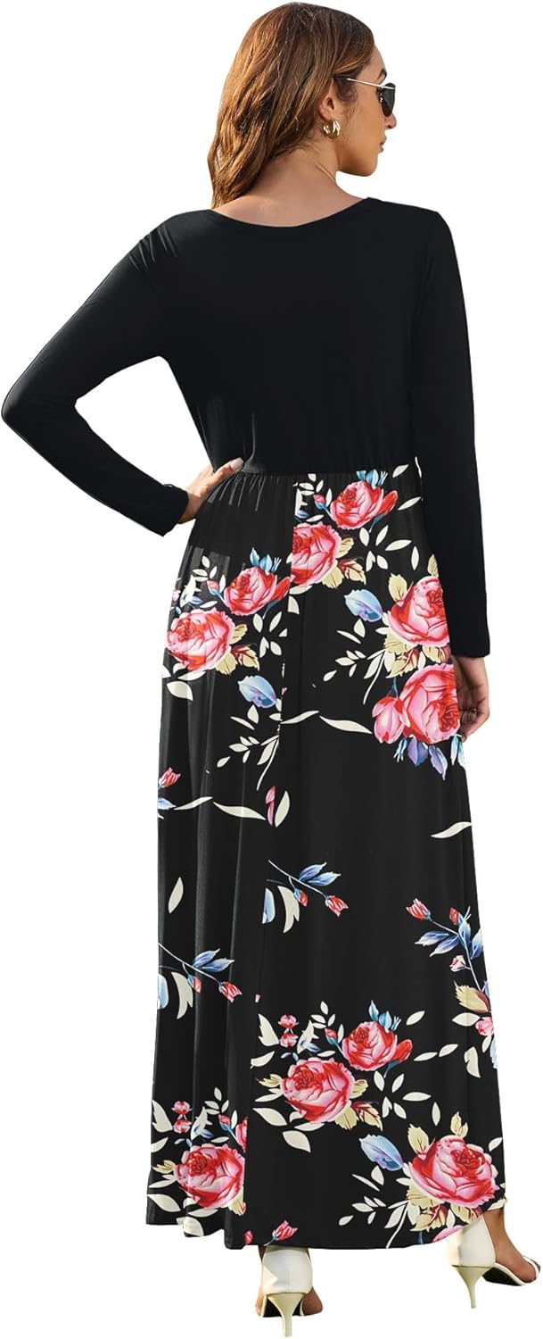 AUSELILY Damen Langarm Maxikleider Lässige Langkleider mit Taschen Winter, Rose Schwarz