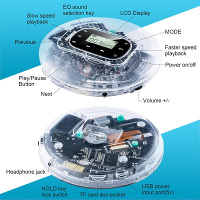 Gueray Tragbarer CD-Player mit Integrierte 1000mAh-Akku Lithium-Batterie CD Player Tragbar Unterstüt