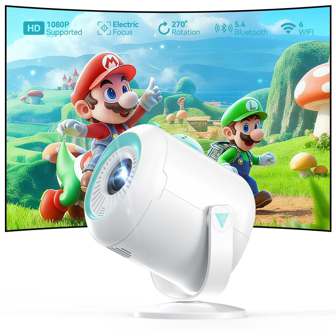 Mini Beamer, 1080P Projektor Tragbarer, 4K Mini Tragbarer Beamer mit WiFi 6 und Bluetooth 5.4, 270°D