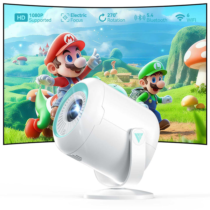 Mini Beamer, 1080P Projektor Tragbarer, 4K Mini Tragbarer Beamer mit WiFi 6 und Bluetooth 5.4, 270°D