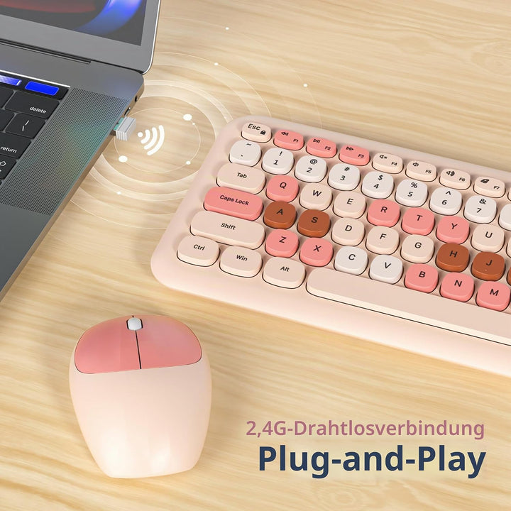 SOLIDEE Buntes kabellose Tastatur und Maus-Kombination,2.4GHz Retro Schreibmaschine Tastatur,104 Tas