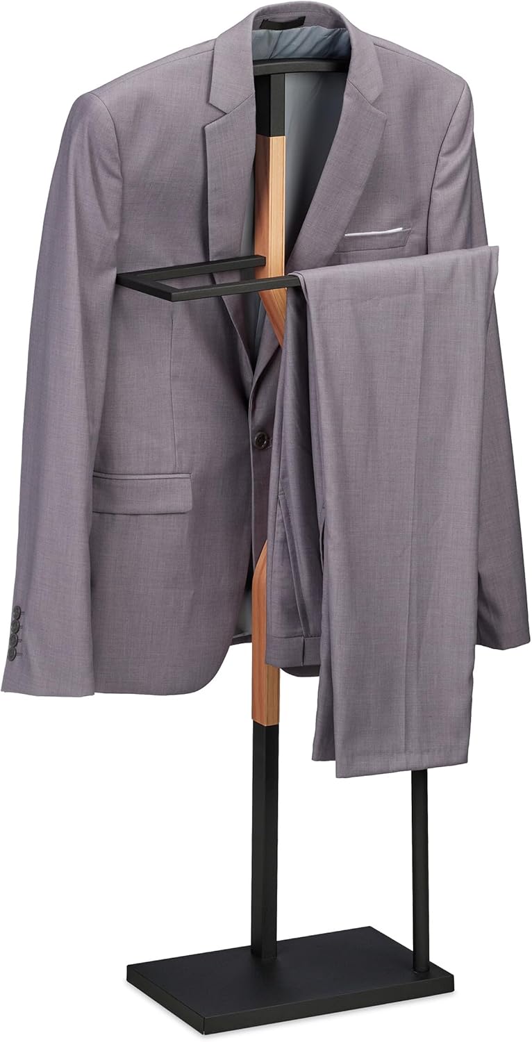 Relaxdays Herrendiener, Jackett & Hose, HBT 107x48x20 cm, Metall & Holzoptik, Stiller Diener Schlafz