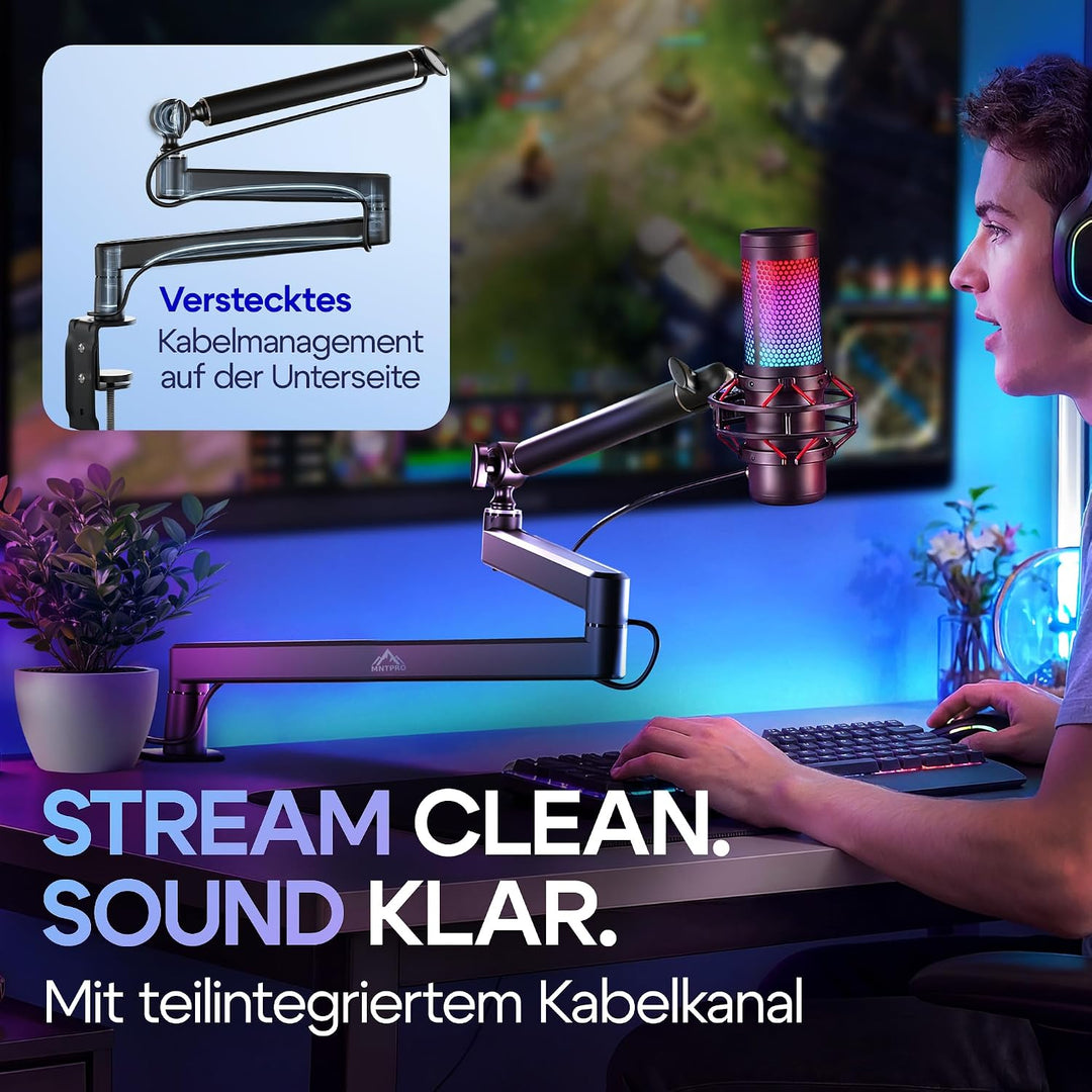 Mikrofonarm Schreibtisch Low Profile – 80 cm Reichweite, 100% absinksicherer Mikrofon Arm, stabiler