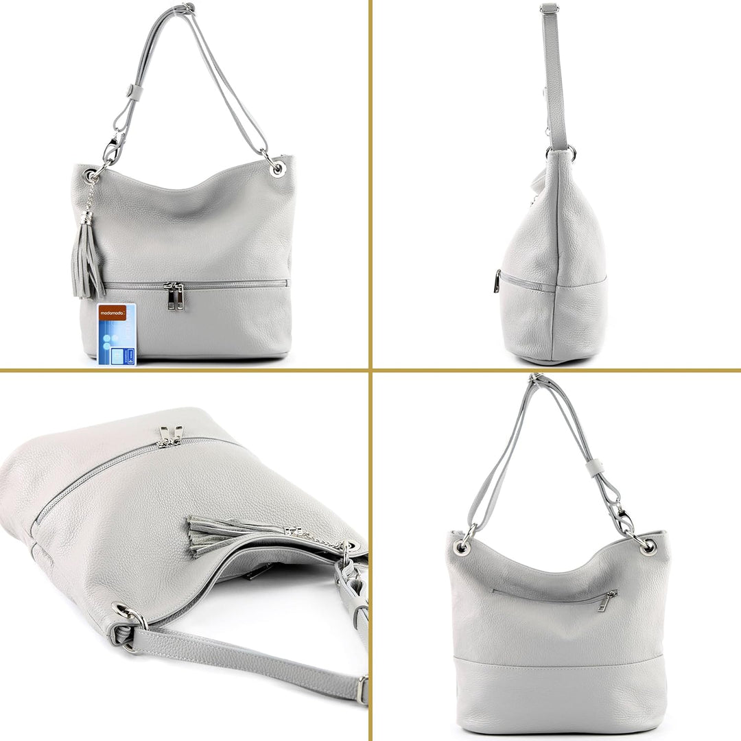 modamoda de - T143 - ital. Leder Schultertasche Umhängetasche Weiss/Dunkelblau2021, Weiss/Dunkelblau
