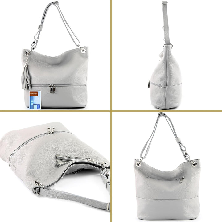 modamoda de - T143 - ital. Leder Schultertasche Umhängetasche Weiss/Dunkelblau2021, Weiss/Dunkelblau