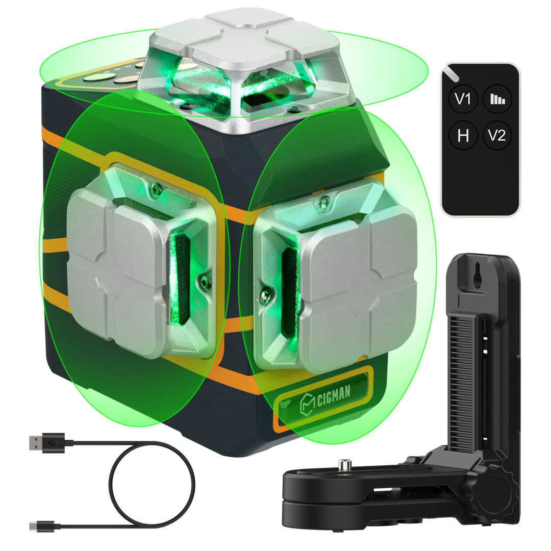CIGMAN Kreuzlinienlaser 3 x 360 Grad grün Selbstnivellierend Laser Wasserwaage, 2 x abnehmbare wiede