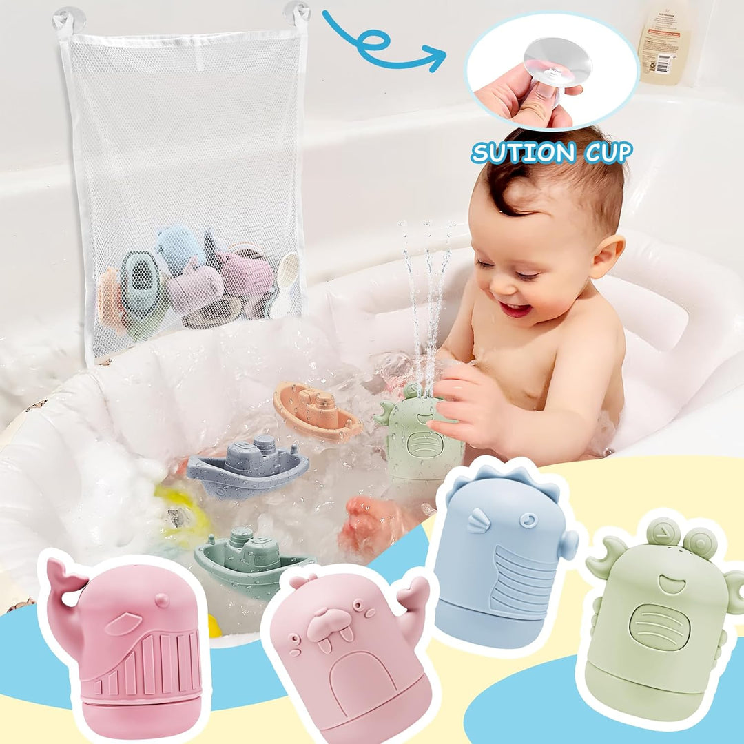 16 Stück Badewannenspielzeug,Baby Badespielzeug mit Spritztiere Boote Badelöffeln,Baby Silikon Wasse